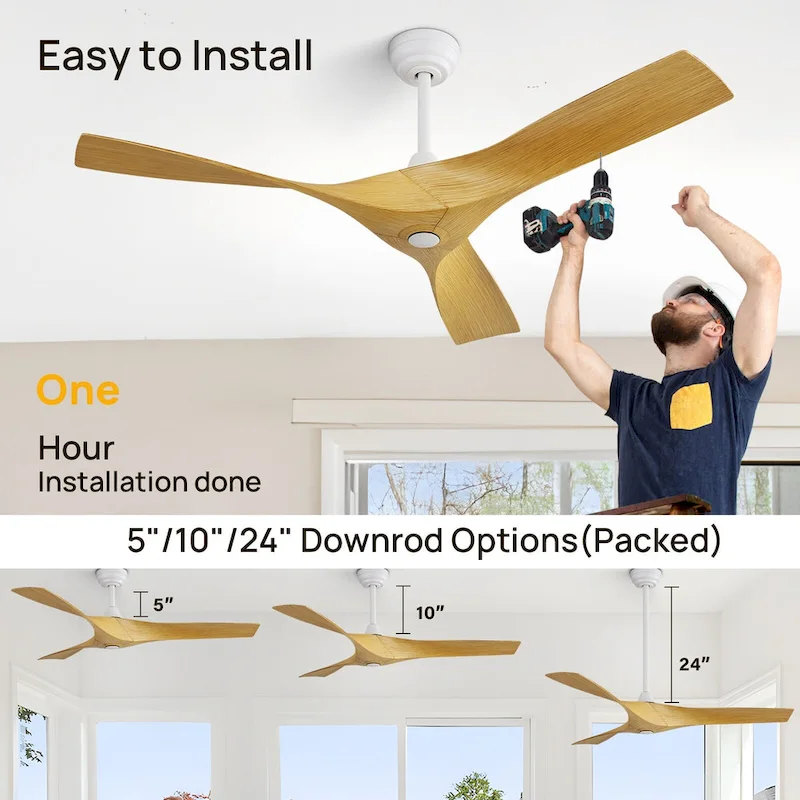 52 inch Modern Ceiling Fan without Lights, 3 Blades,Remote Control,Reversible Airflow - 52 inch