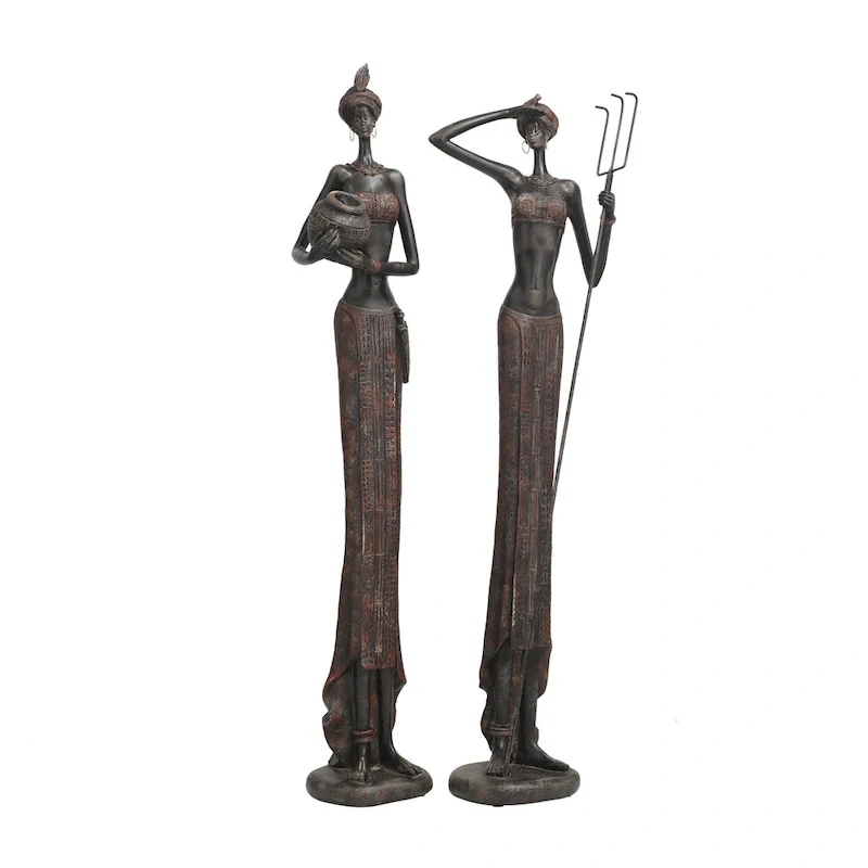 Polystone People Handmade Tall African Women Decorative Sculpture with Carved Dresswear - Set of 2 Red - Roche River Decor