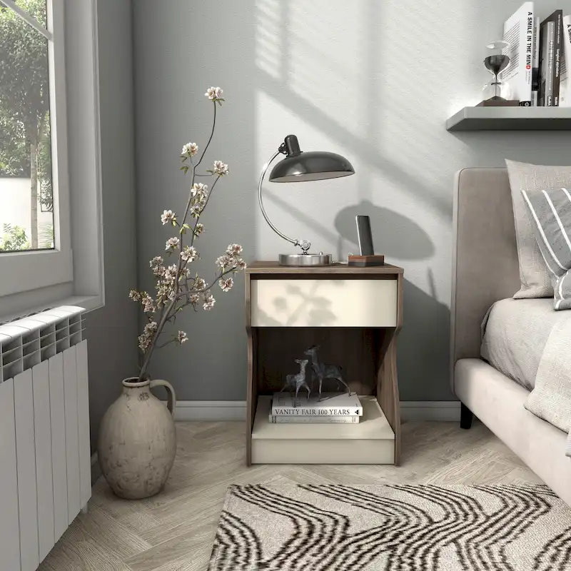 DH BASIC Modern Chestnut Brown 1-Drawer Nightstand with Charging Station and Hidden Storage by Denhour