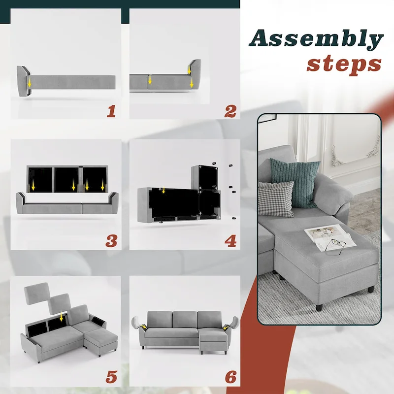 Futzca Sectional Sofa Couch, 3 Seat L Shaped Sofa with Removable Pillows