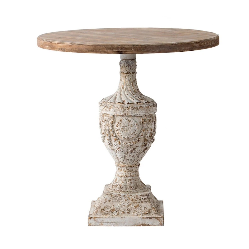 31 Inch Accent Side Table, Pedestal Urn Base, Round Top, Antique White