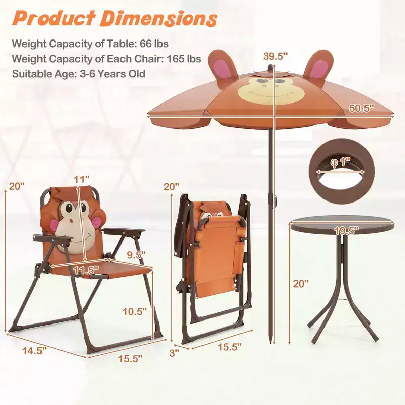Costway Kids Picnic Table & Chair Set with 2 Folding Chairs & Height Adjustable Umbrella Brown/Green/Pink