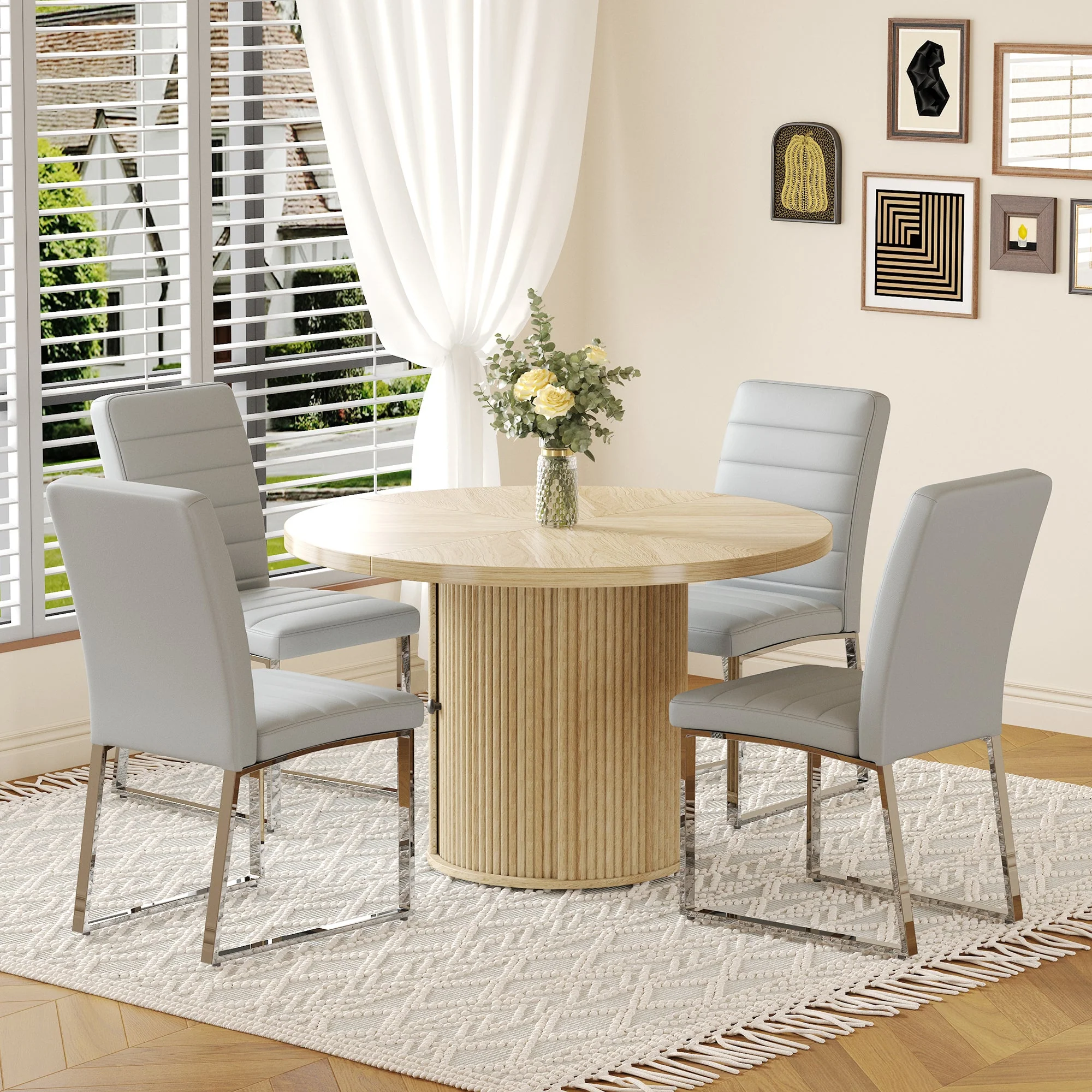 Modern Reeded 4 Piece Dining Set with Storage