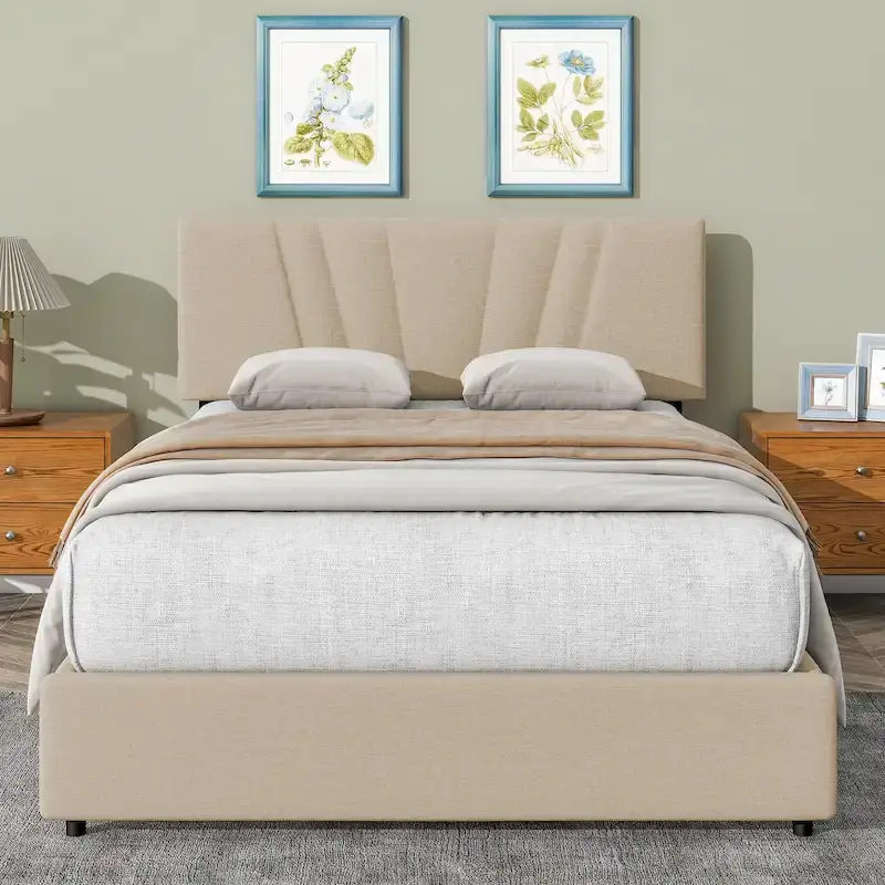 Beige Full Upholstered Platform Bed with Hydraulic Lift Storage and Tufted Headboard - Ideal for All Ages