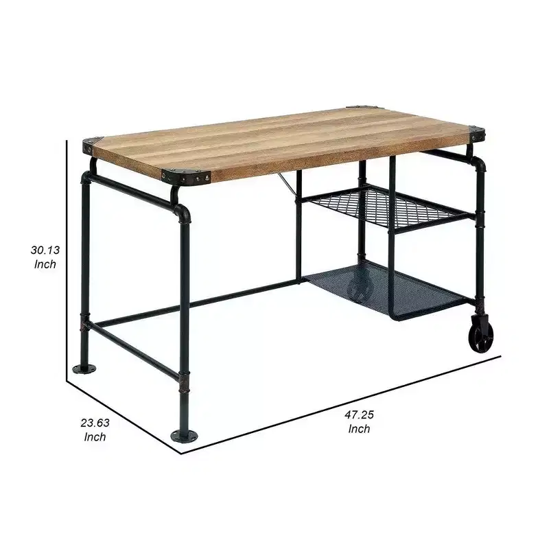 Royal Hampton 47 Inch Writing Desk, Industrial Caster Wheel, Black Metal, Wood