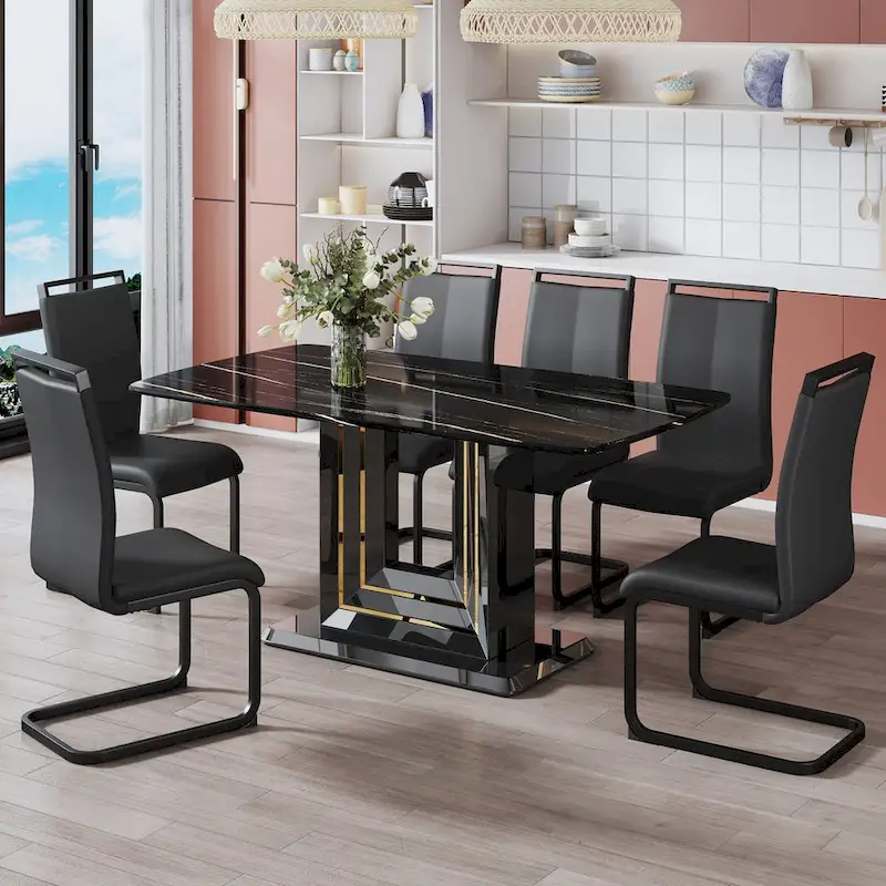 Dining table. Black imitation marble pattern desktop. Black MDF table legs, gold lines, black base