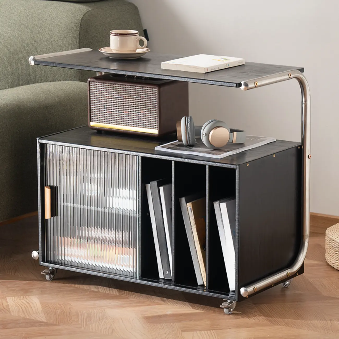 Flexible Wooden Metal Mobile Side Table with Storage