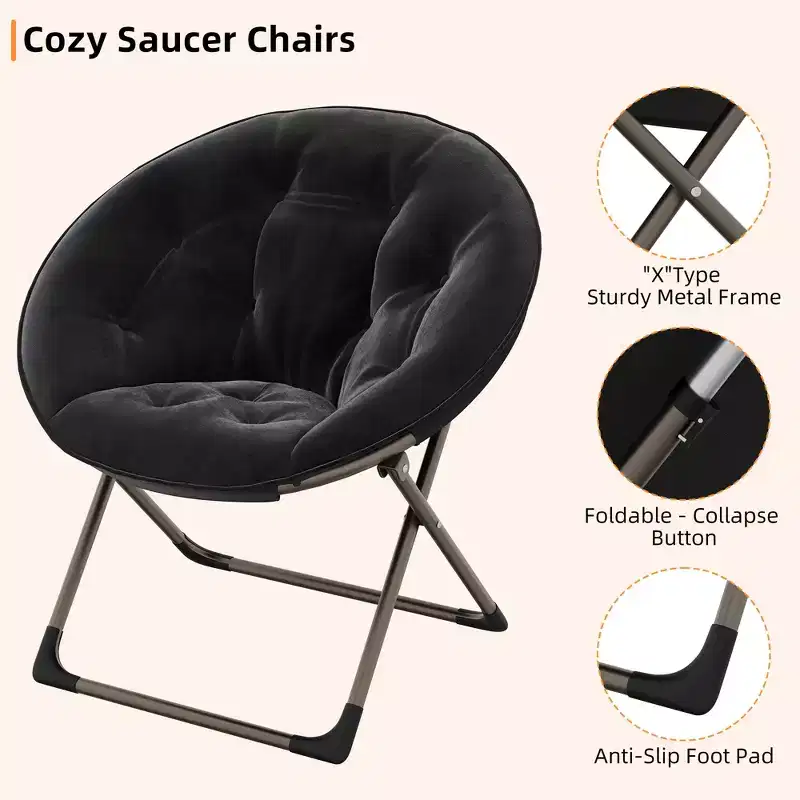 Comfy Saucer Chairs, Folding Reading Lounge Chair, Cozy Faux Fur Living Room Chair with Soft Thick Padded Seat Metal Frame, Modern Style Home