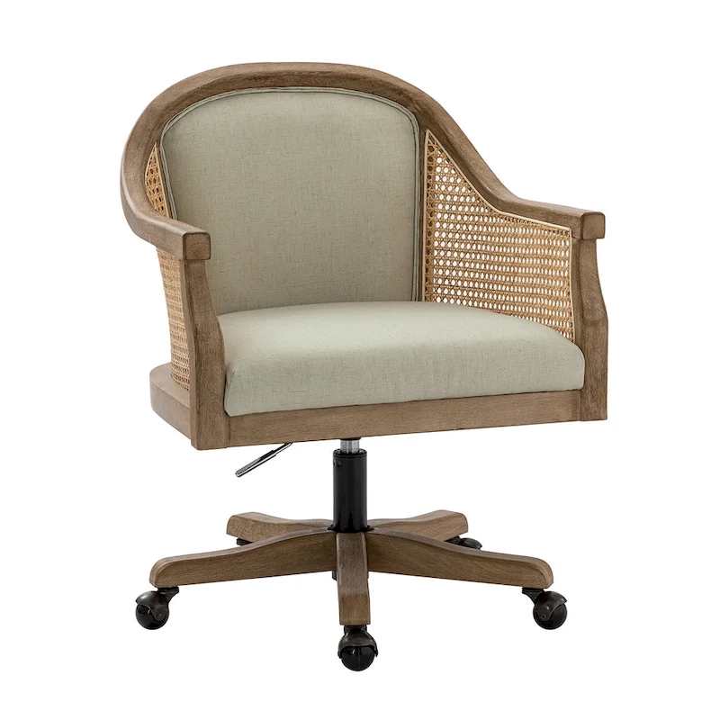 Farmhouse-Style Rattan Office Chair — 360° Swivel, Adjustable Height, Rubberwood Construction