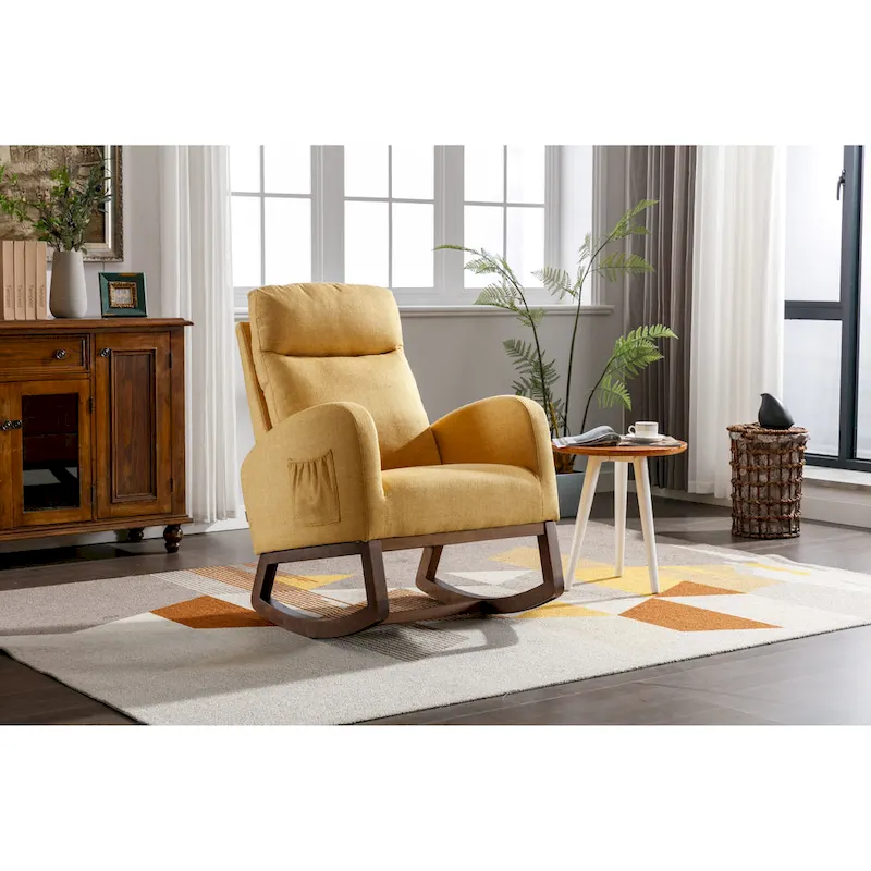 Modern Glider Chair, Recliner Armchair with Wood Legs and Side Pocket, Nursery Rocking Accent Chair with High Back