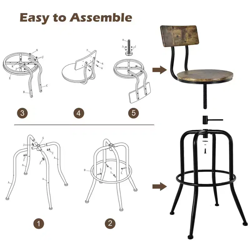 Costway Set of 4 Industrial Bar Stool Adjustable Swivel Counter-Height Dining Side Chair