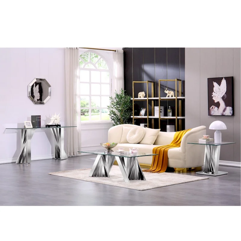 Modern Coffee Table Clear Tempered Glass Living Room Coffee Table with Geometric Base