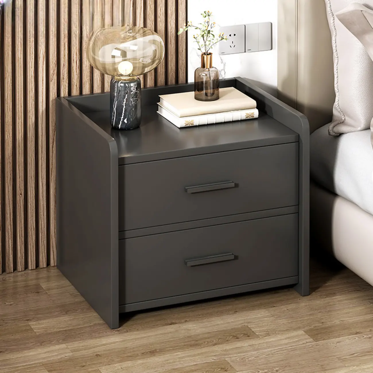 Minimalist Brown Wooden Tray Nightstand with 2 Drawers