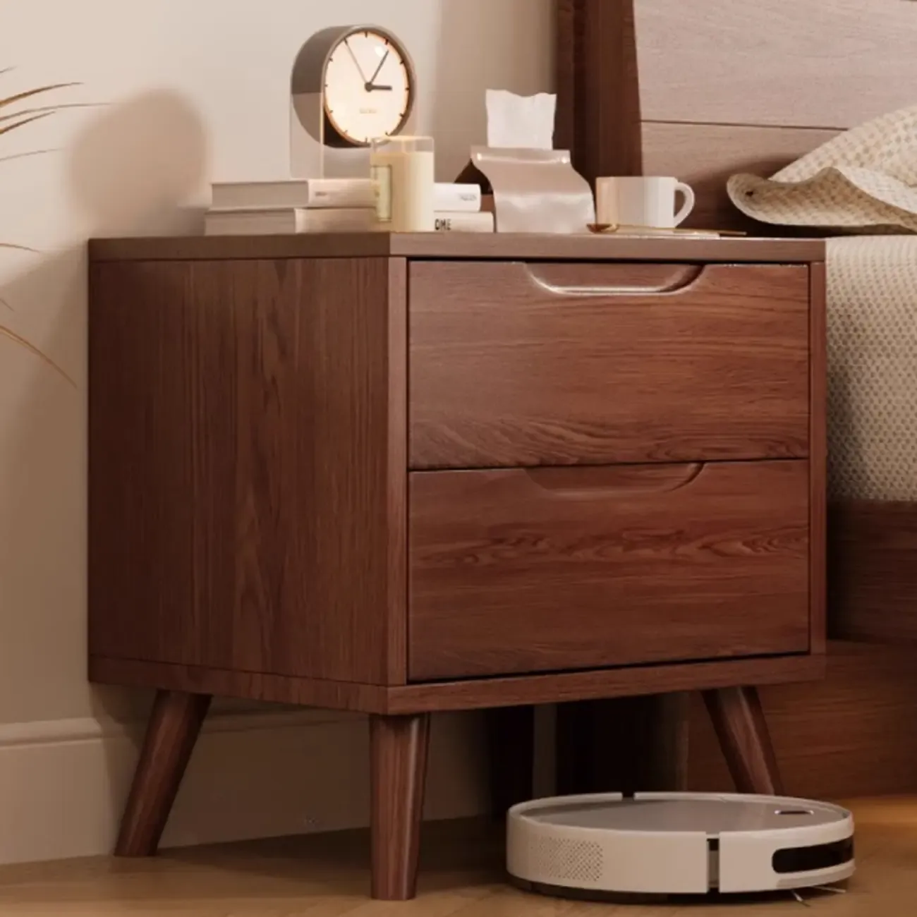 Traditional Wooden Nut-Brown Bedside Double Drawer Nightstand