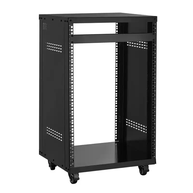 16U AV Rack, 200 lbs Max Capacity, Home Recording Studio Rack with Lockable Caster Wheels, Open Frame Server Cabinet, Special Vent Design, Black