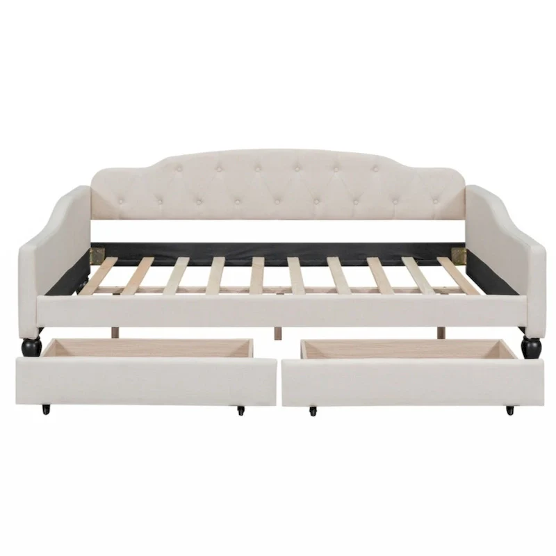 Full Size Upholstered Tufted Daybed with 2 Storage Drawers – Beige, for 1 Person