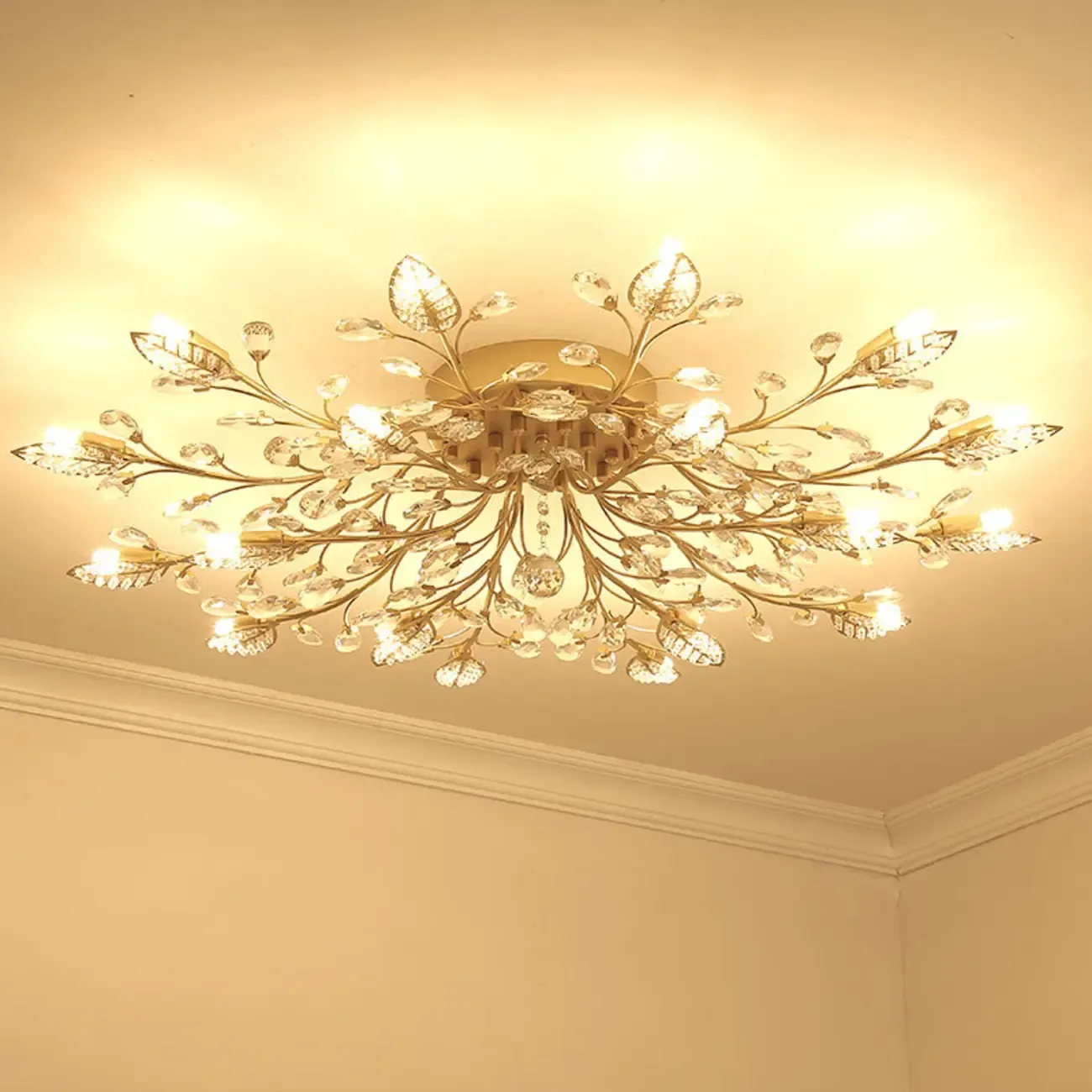 Elegant Golden Branch Crystal Semi Flush Ceiling Light