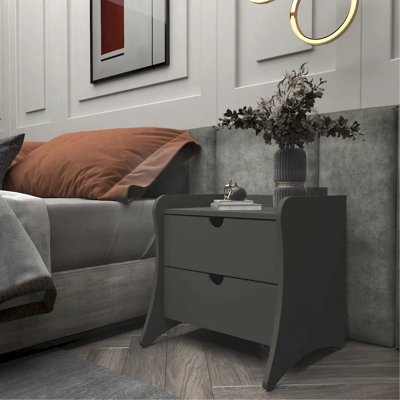 Mid-Century Modern 2-Drawer Nightstand, MDF, Curved Legs, 19.68"L x 18.30"D x 19.68"H, Grey/White, Single/Set of 2