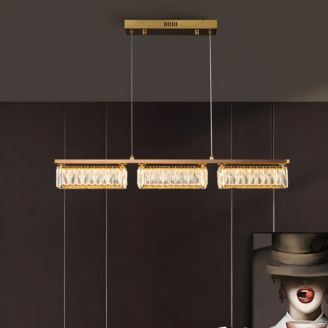 Kitchen Modern Crystal Gold Rectangular Pendant Light