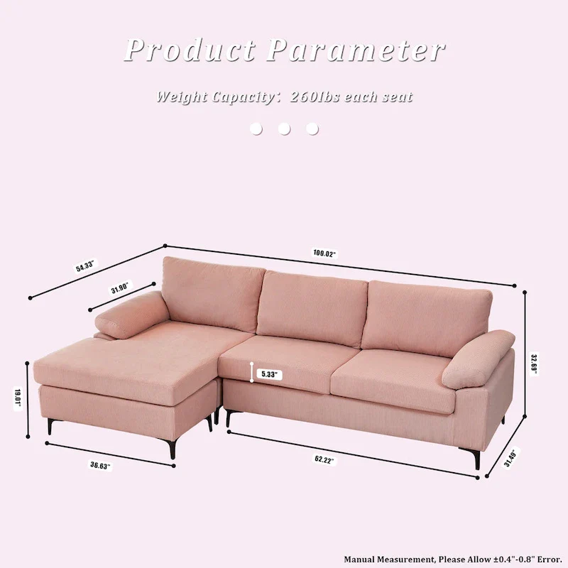 Reversible Chaise Sofa, Suede Fabric, Metal Legs, Spring Coils, Light Brown/Brown/Grey/Blue/Beige