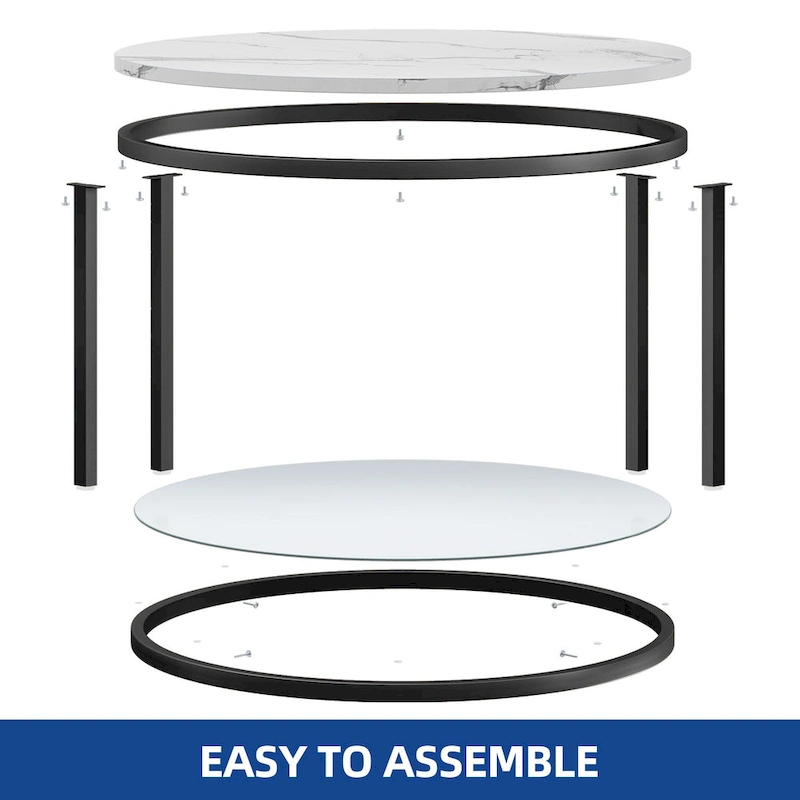 White Marble Pattern Round Coffee Table with Glass 2-Tier Circle Gold Frame