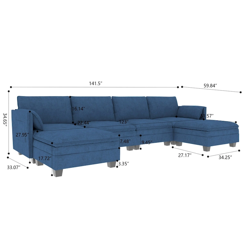 Christopher Knight Home - Noah 141.5 U-Shaped 6-Seater Sofa Couch with Movable Ottoman and Armrest Pockets, Fabric Upholstery