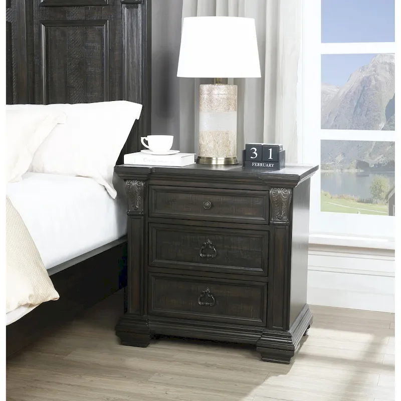 Distressed Dark Walnut Wood Panel Bedroom Set - 5 Pieces