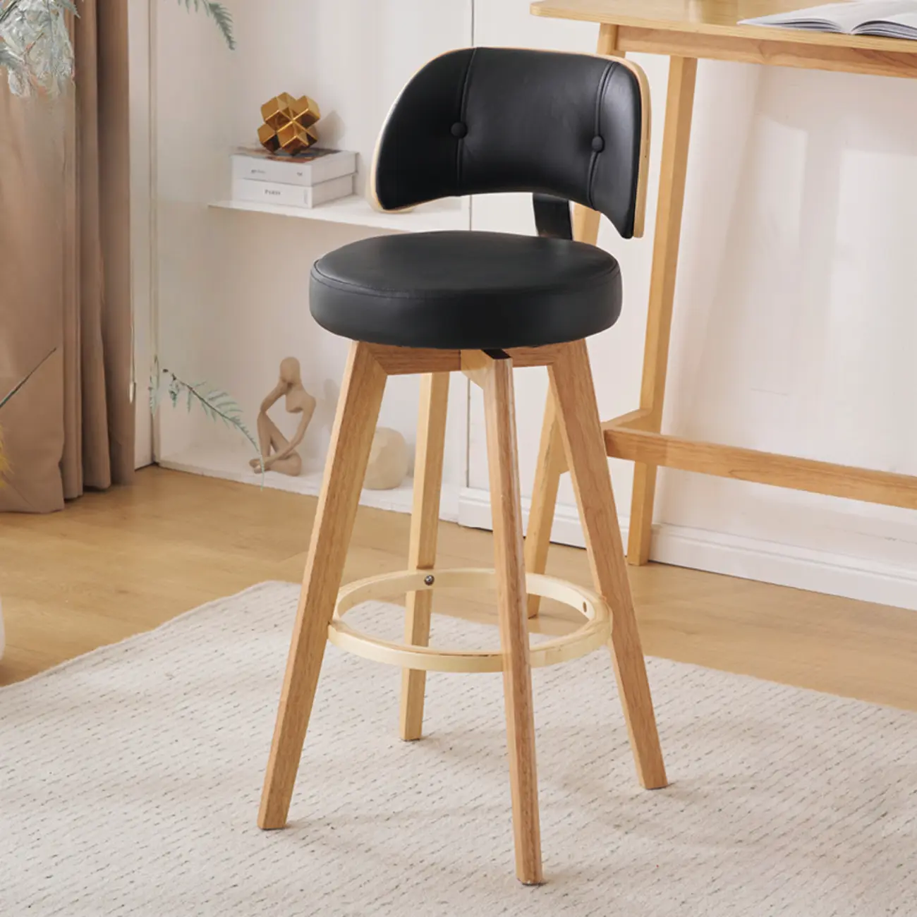 Natural Wood Round Leather Swivel Bar Stools