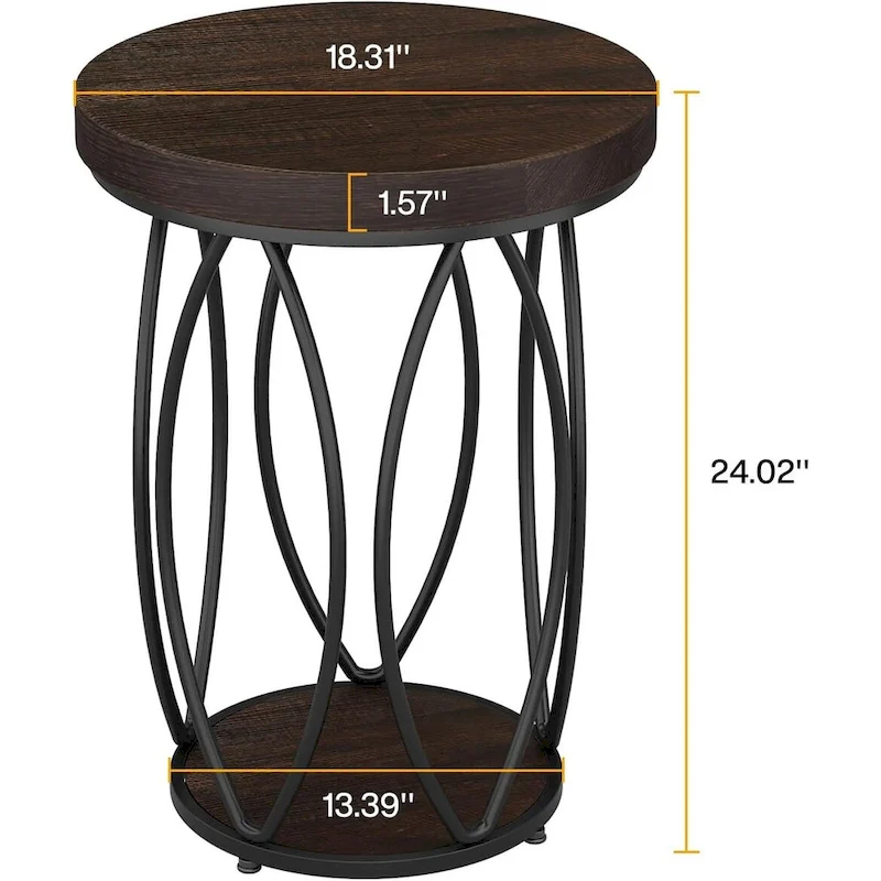 Industrial Round Side Table, Small End Table with Metal Frame