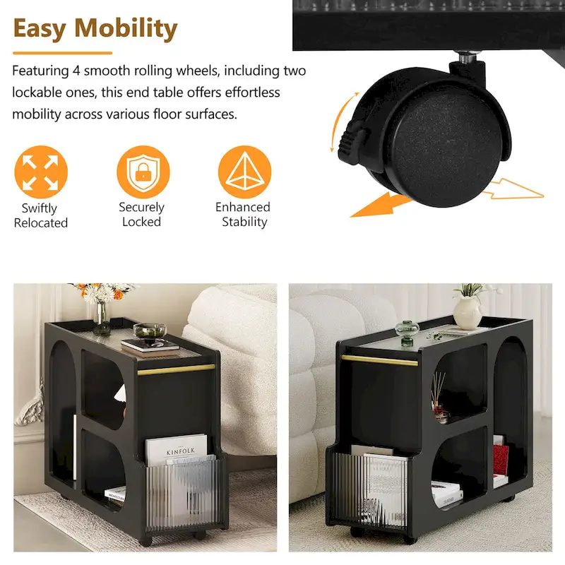 31.5 Modern Mobile End Table with 5mm Thick Fluted Tempered Glass, Lockable Wheels and Golden Round Rod