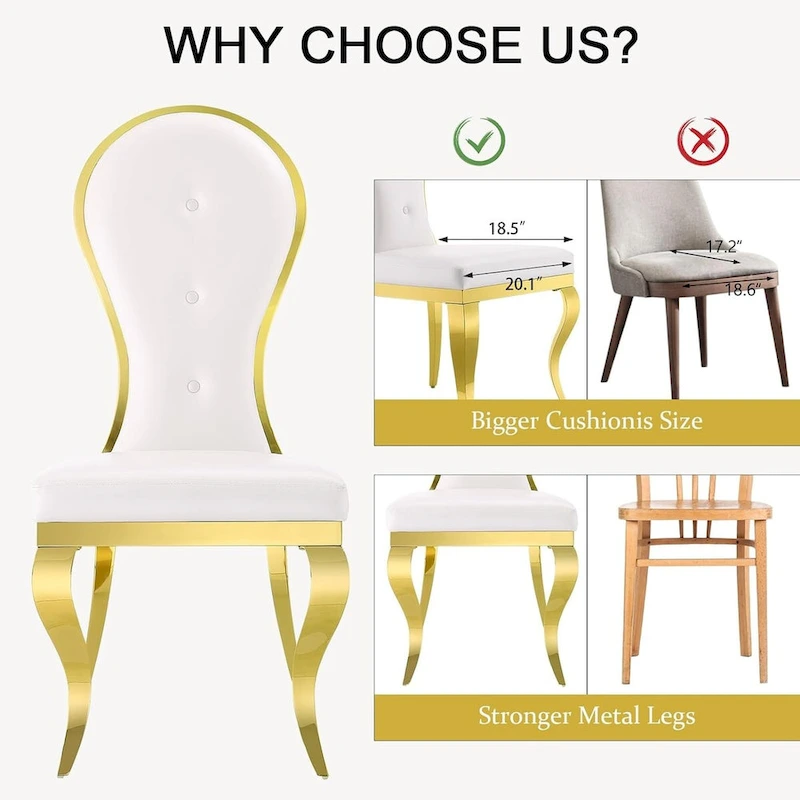Modern Luxurious White Leather Dining Chairs with Polished Gold Stainless Steel Legs