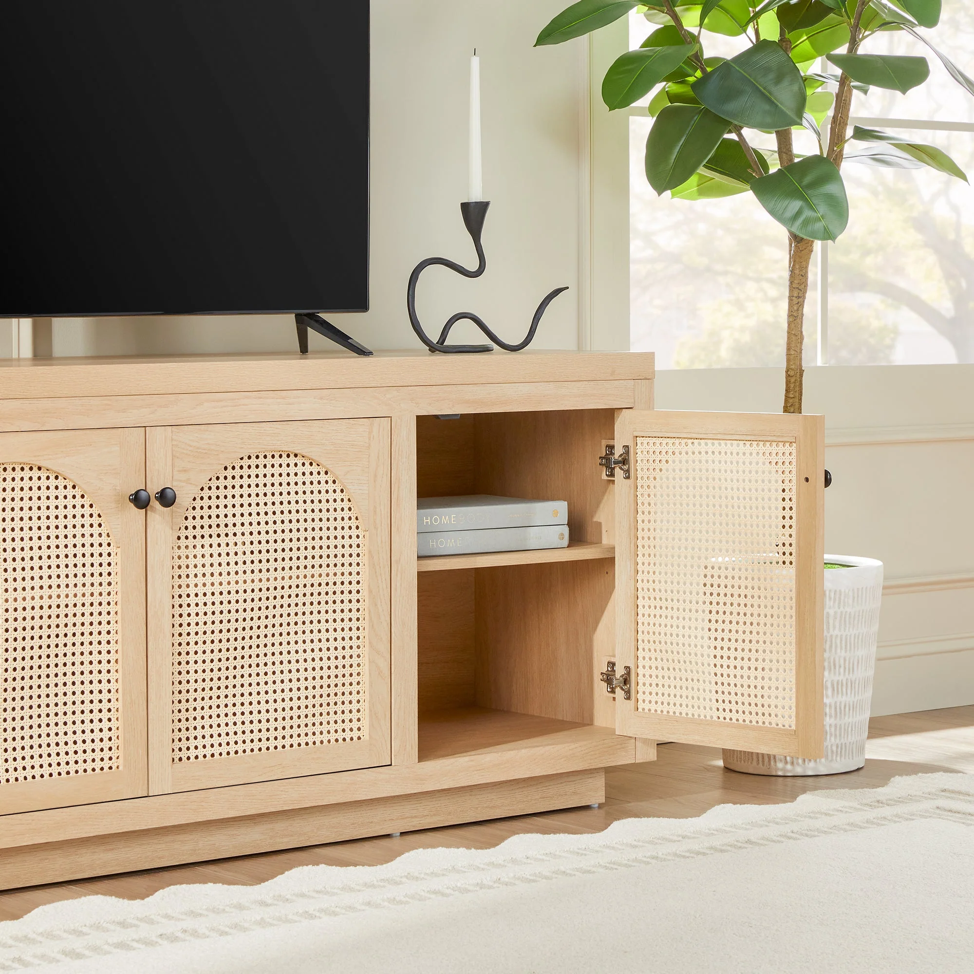 Sasha Contemporary TV Stand and Sideboard with Rattan Doors for up to 80 TV