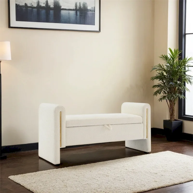 Modern Bed End Bench with Arms and Storage,Upholstered Foot Rest Stool