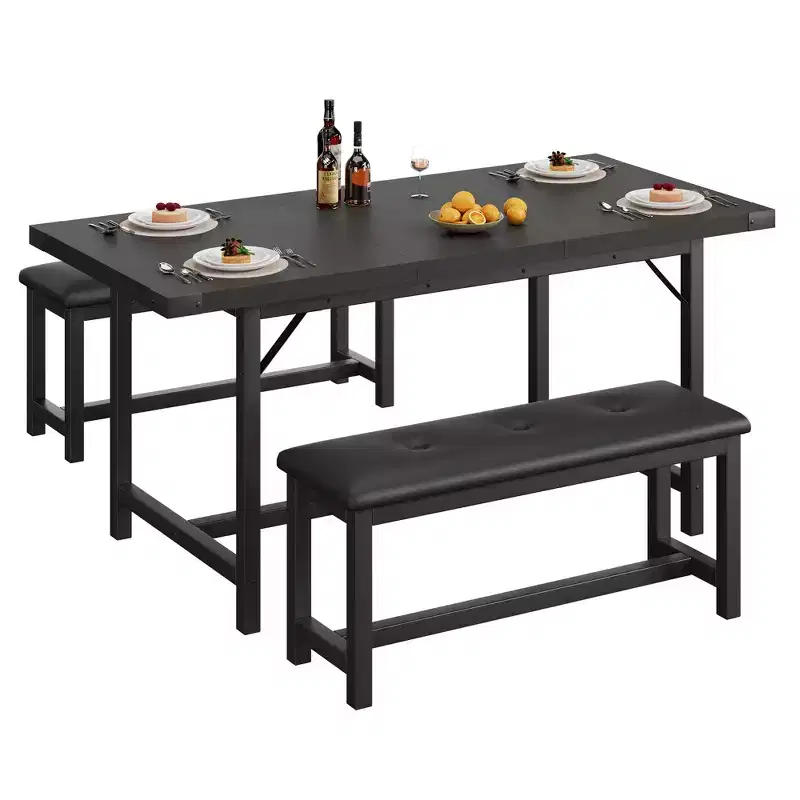 3 Pcs Dining Table Set for 4-6, 63 Extendable Kitchen Table and Bench Set Metal Frame Rectangle Kitchen Table Set, 2 Upholstered Benches, Retro Gray
