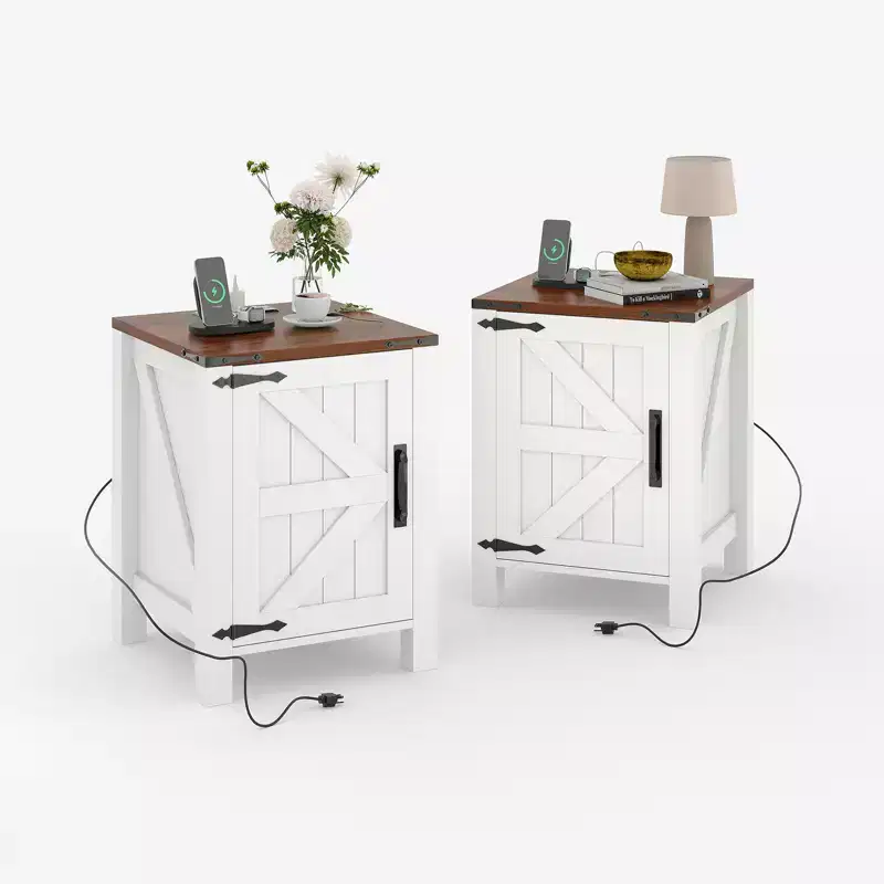 Brown Rustic Farmhouse Nightstand, Sliding Barn Door Style, Set of 2, with USB Charging Station