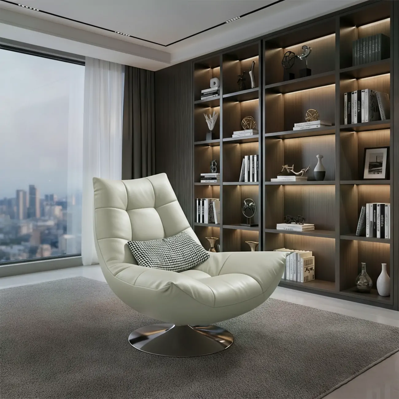 Black Swivel Tufted Leather Accent Chair Pillow Included