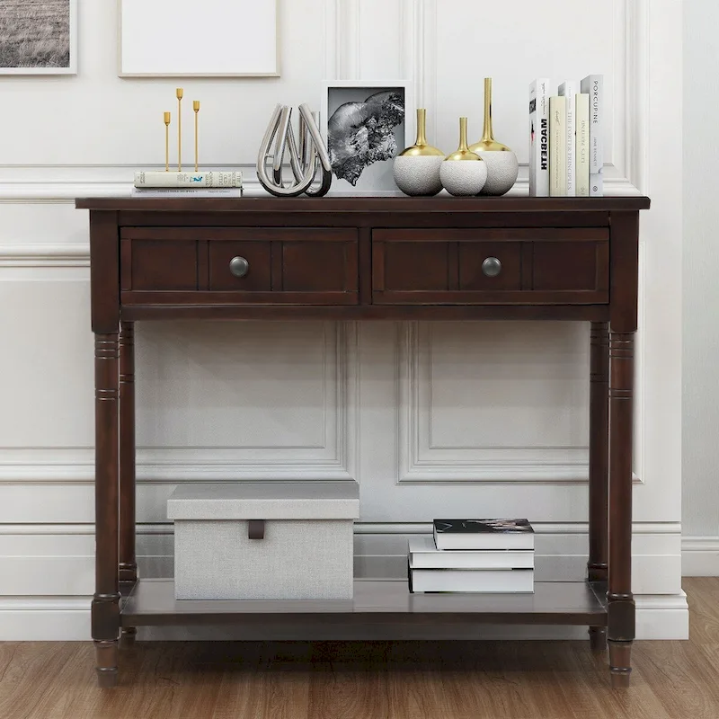 Daisy Series Console Table Traditional Design with Two Drawers and Bottom Shelf Acacia Mangium