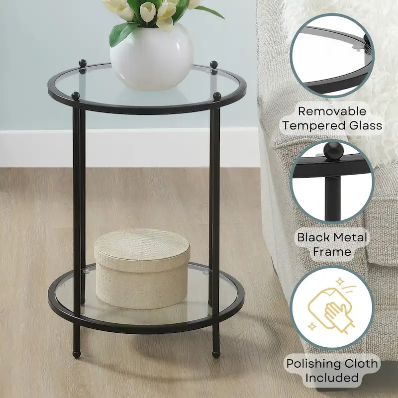 2-Tier Round Tempered Glass End Table, Chrome/Gold Frame, 18