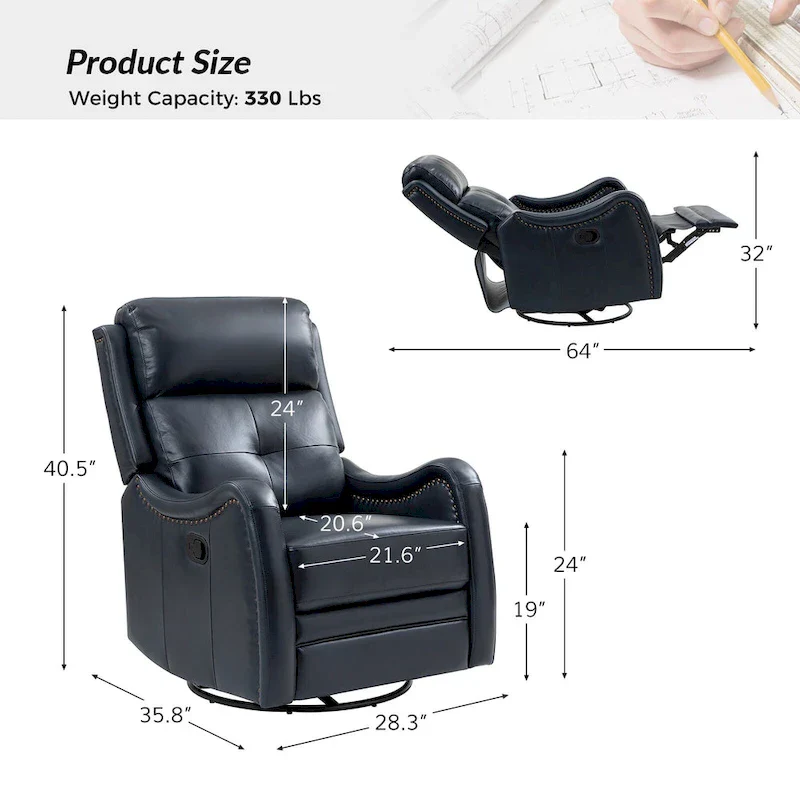 FrancoModern Genuine Leather Swivel Rocker Recliner with Nailhead Trims Sets of 2 by HULALA HOME