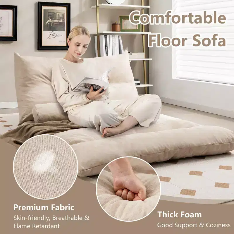 Convertible Lazy Sofa Bed with 42-Level Adjustable Backrest & 2 Lumbar Pillows Gray/Beige