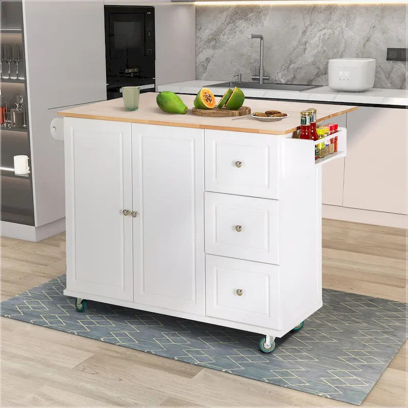Kitchen Island Cart with Drop-Leaf and Rubber Wood Top, Rolling Kitchen Trolley Cart Cabinet