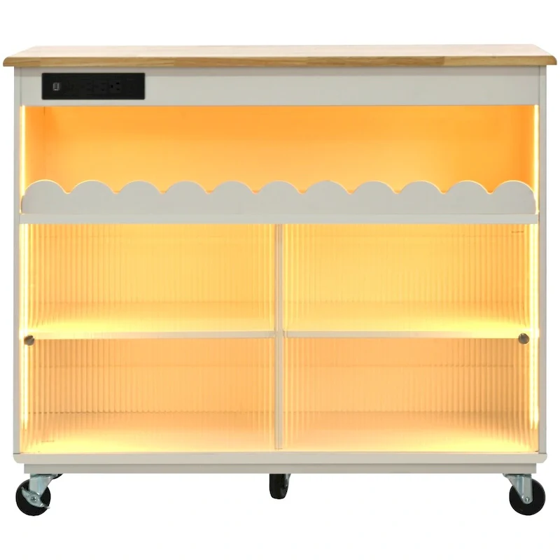 LED Light Kitchen Island on Wheels with Drop Leaf and Power Outlets