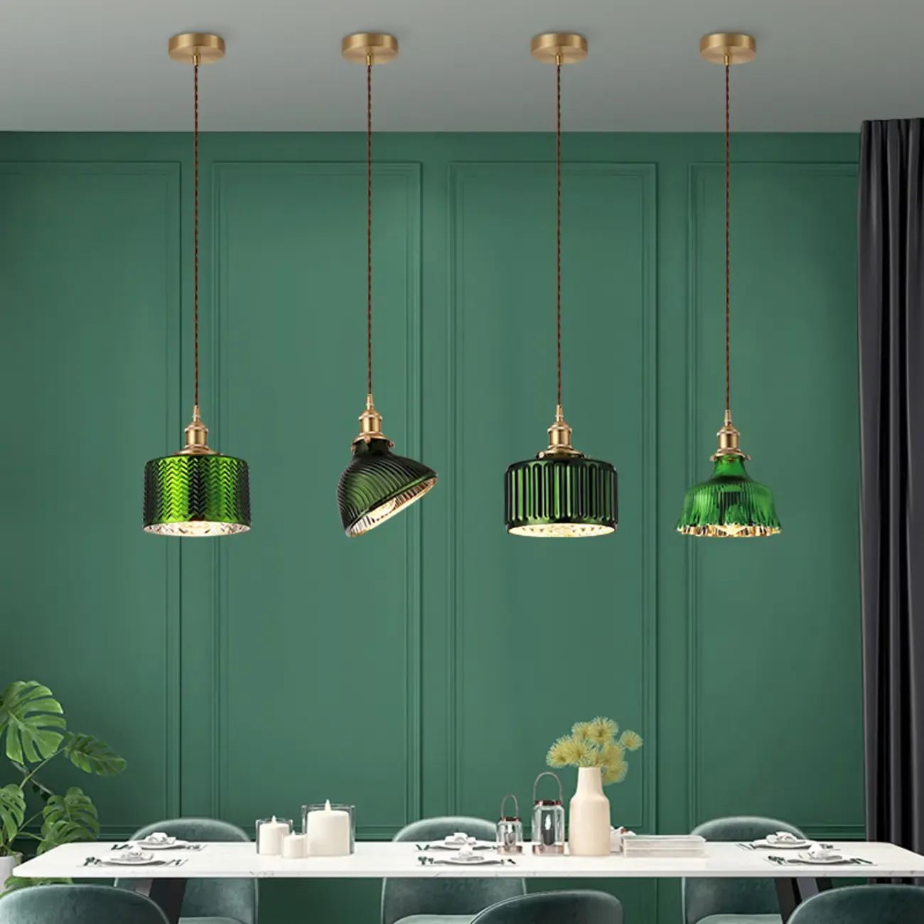 Modern Green Glass Pendant Light Adjustable for Kitchen Dining
