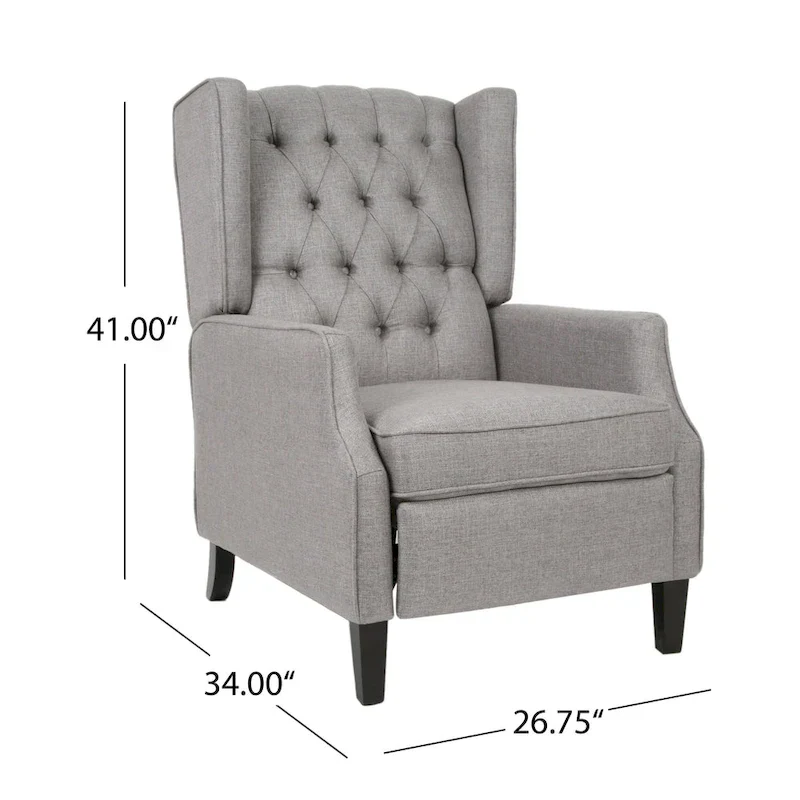 Grey Fabric Mid-Century Upholstered Wingback Push-Back Recliner with Footrest and Button-tufted Backrest