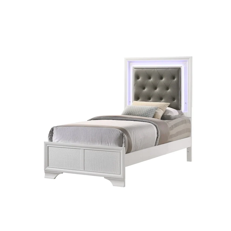 Kym 4 Piece Frost LED Faux Leather Upholstered Tufted Panel Bedroom Set