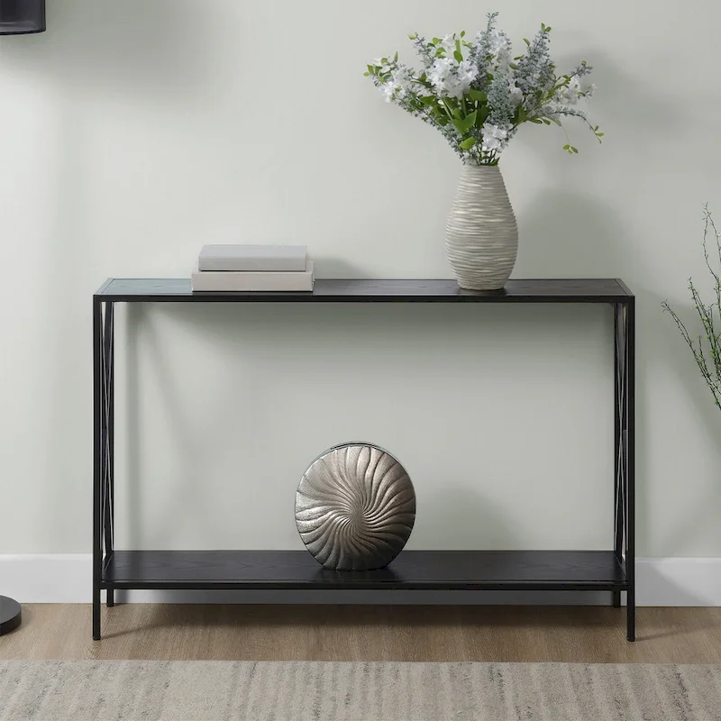 Farmhouse Industrial Console Table with Shelf