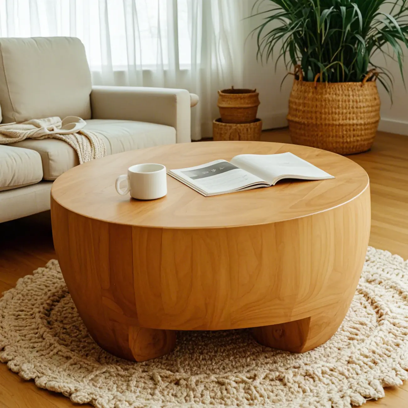 Rustic Solid Wooden Round Coffee Table with Natural Finish