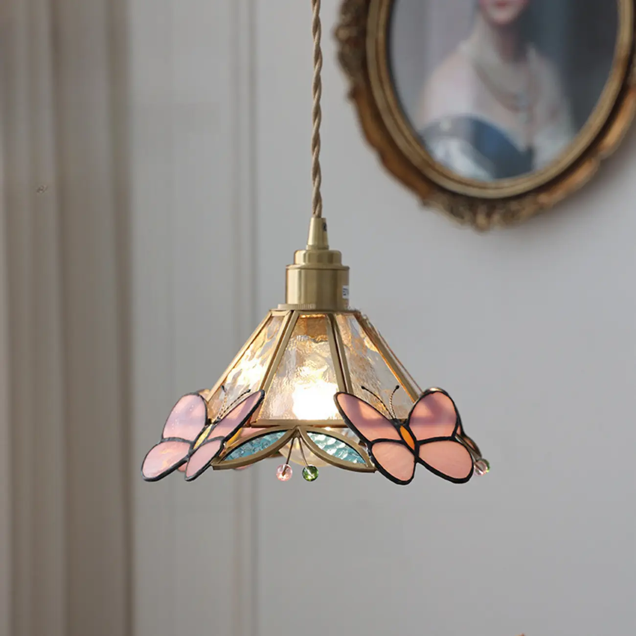 Vintage Glass Brass Butterfly Kitchen Pendant Light