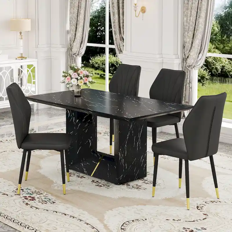 Black Marble Pattern Dining Set - 5 Piece with 4 PU Chairs (63