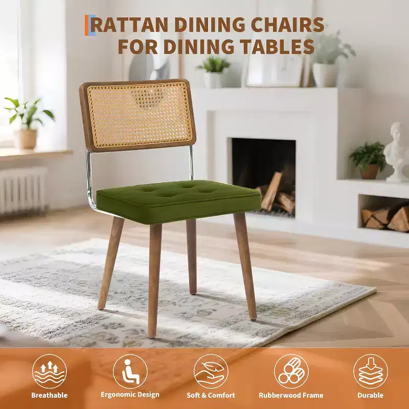 Modern Dining Chairs Set of 2, Upholstered Natural Rattan Kitchen Chairs Accent Chair, Armless Side Chairs with Upholstered Velvet Fabric